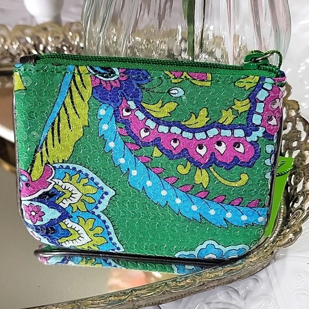 Vera Bradley Emerald Paisley Shimmer Zip Pouch Card Case - Picture 5 of 8